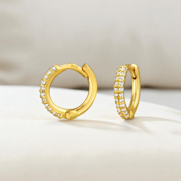 Cercei Argint 925 Placat cu Aur 24K, Model Huggies 10 mm cu Zirconiu și Tijă cu Balama [2]