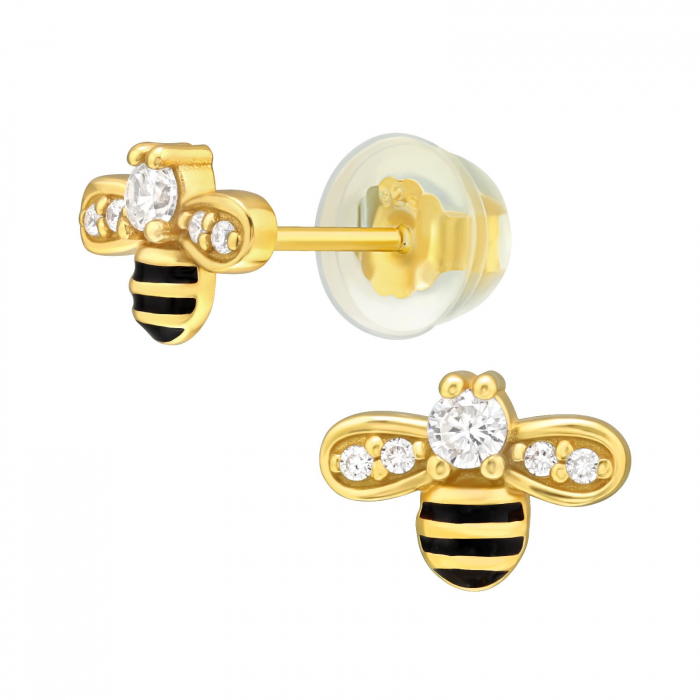 Cercei copii Albinuta, argint 925 placat cu aur 24K, cristale zircon, surub silicon [1]