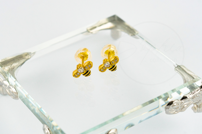 Cercei copii Albinuta, argint 925 placat cu aur 24K, cristale zircon, surub silicon [5]