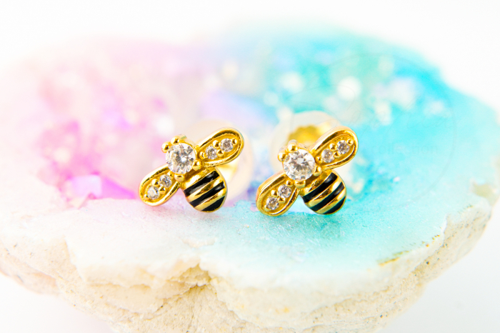 Cercei copii Albinuta, argint 925 placat cu aur 24K, cristale zircon, surub silicon [3]