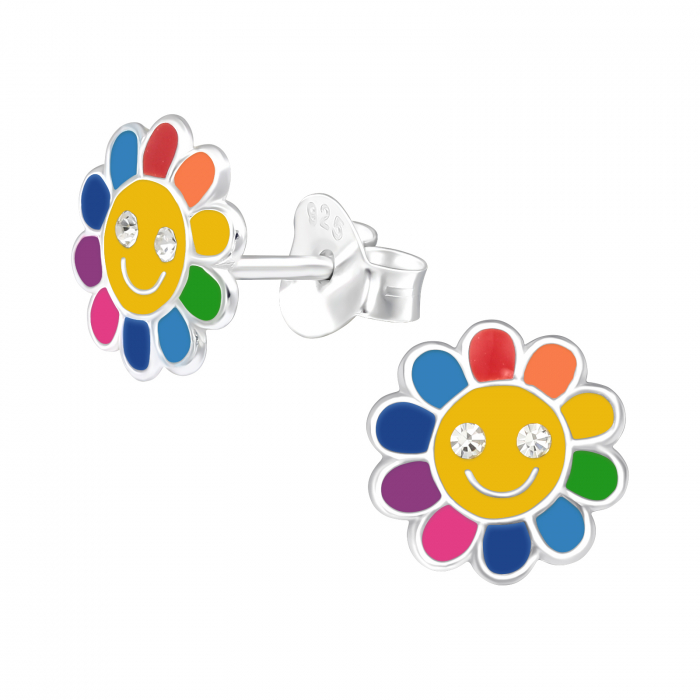 Cercei pentru copii in forma de floare multicolora din argint 925 cu 4 cristale si email colorat, dimensiune 8.2x8.2 mm [1]