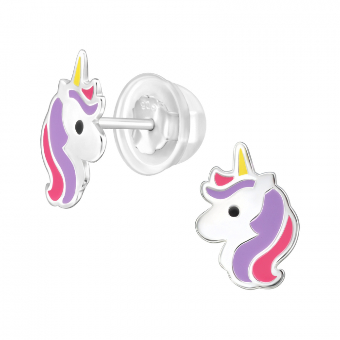 Cercei copii în formă de unicorn din argint 925 placat cu argint 999, decorați cu email multicolor [1]