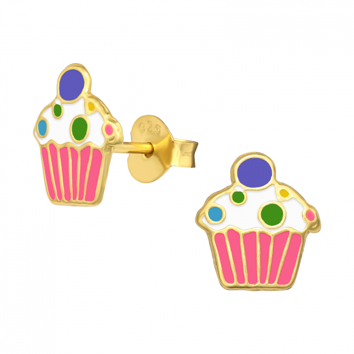 Cercei pentru copii în formă de brioșă din argint 925 placat cu aur 24K, decorați cu email multicolor [1]