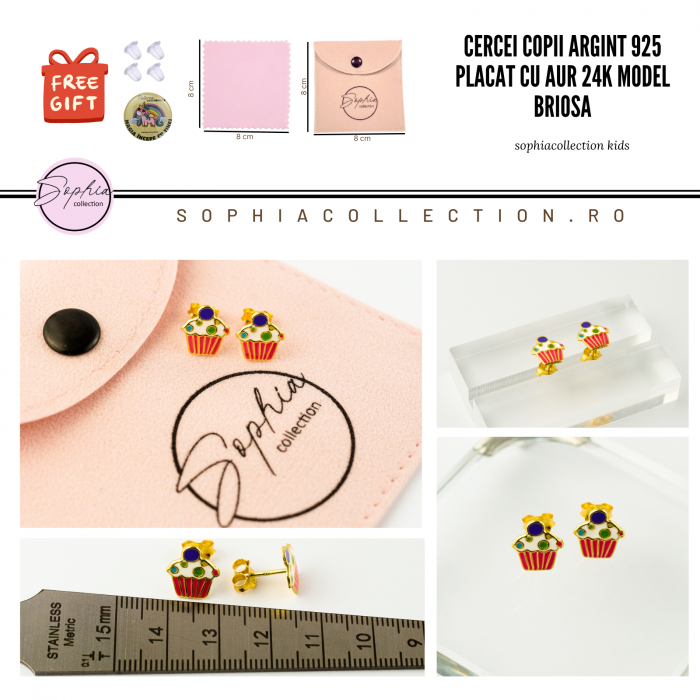 Cercei pentru copii în formă de brioșă din argint 925 placat cu aur 24K, decorați cu email multicolor [2]