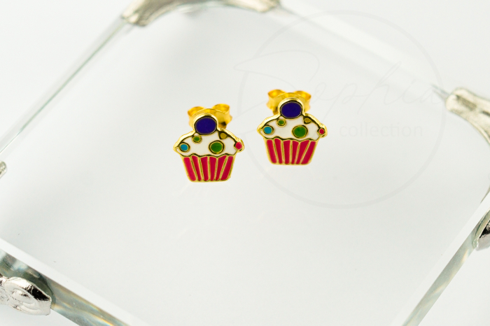 Cercei pentru copii în formă de brioșă din argint 925 placat cu aur 24K, decorați cu email multicolor [5]