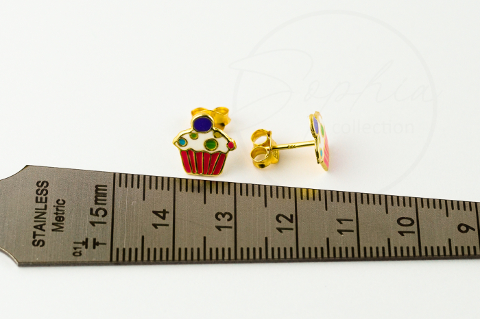 Cercei pentru copii în formă de brioșă din argint 925 placat cu aur 24K, decorați cu email multicolor [6]