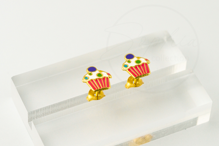 Cercei pentru copii în formă de brioșă din argint 925 placat cu aur 24K, decorați cu email multicolor [4]