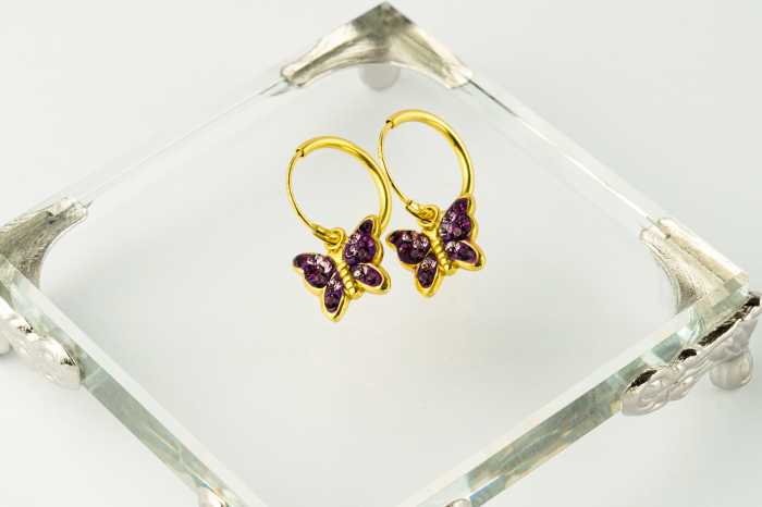 Cercei copii ARGINT 925 placat cu AUR 24k model Fluturas si ametist violet [4]