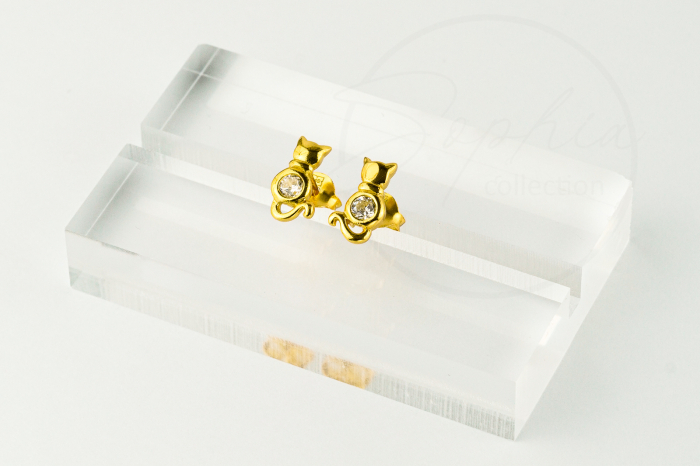 Cercei copii model Pisica aurie cu piatra zirconiu, cu surub, argint 925 placat cu aur 24K [3]
