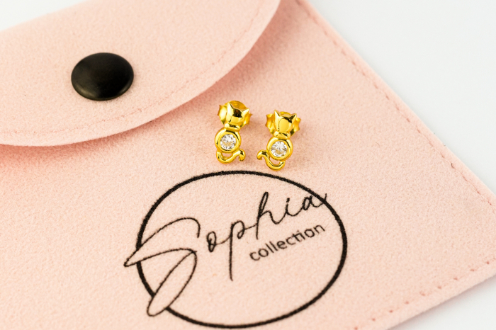 Cercei copii model Pisica aurie cu piatra zirconiu, cu surub, argint 925 placat cu aur 24K [2]