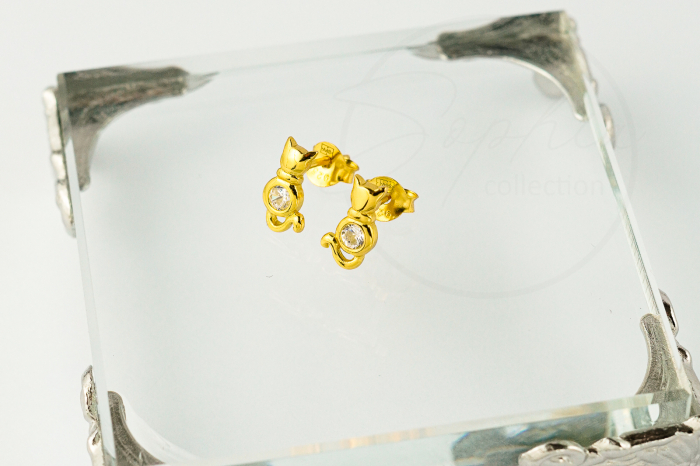 Cercei copii model Pisica aurie cu piatra zirconiu, cu surub, argint 925 placat cu aur 24K [4]