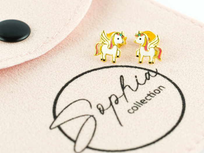 Cercei copii cu surub Unicorn inaripat, argint 925 placat cu aur 24K [2]