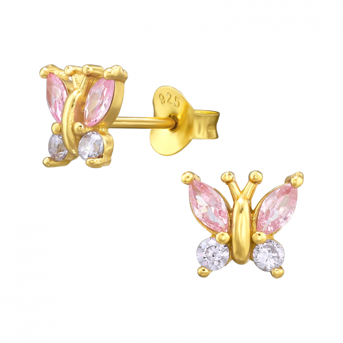 Cercei copii Fluturaz din Argint 925 placat cu Aur 24K, cu 8 pietre zirconiu [1]