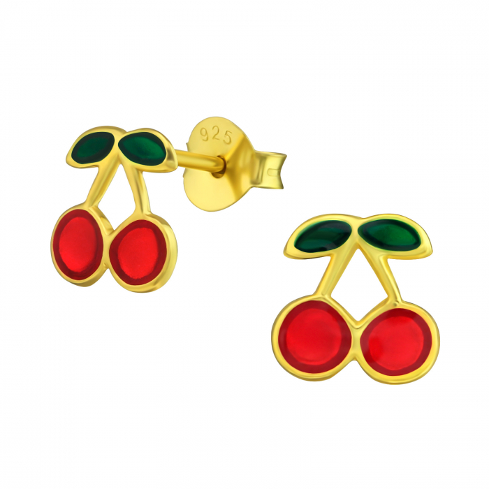 Cercei copii ARGINT 925 placat cu AUR 24k cu surub model Cireasa, design colorat [1]