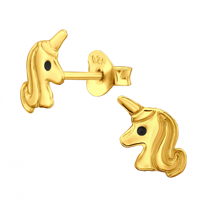 Cercei copii cu șurub, model unicorn auriu din argint 925 placat cu aur 24K, cu detalii epoxidice [1]