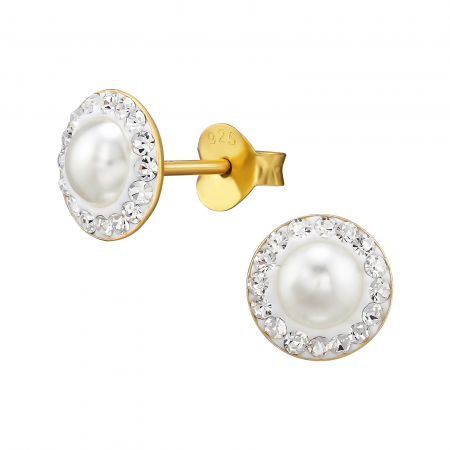 Cercei - Cercei sfera cu perla din argint 925 placat cu aur 24K si cristale