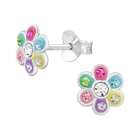 Cercei pentru copii în formă de floare multicoloră din argint 925 cu 14 cristale strălucitoare și detalii epoxidice colorate, dimensiune 7.2x7.2 mm