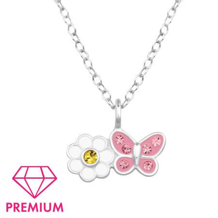 Colier Copii Argint 925 Placat cu Argint 999 - Model Fluturas si Floricica Premium cu 7 Cristale
