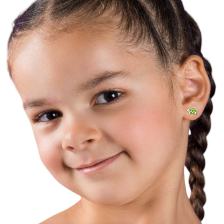 Cercei Copii Argint 925 Placat cu Rodiu, Model LOCK Țestoasă Verde [3]