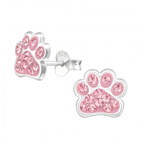 Cercei cu surub - Cercei copii ARGINT 925  model Paw Print cu cristale stralucitoare.
