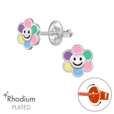 Reducere pana la 50% - Cercei Copii Argint 925 Placat cu Rodiu, Model LOCK Floare Smiley Multicolor