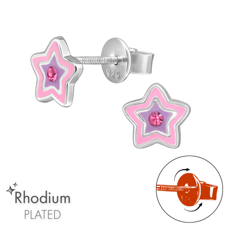 Cercei cu surub - Cercei Copii Argint 925 Placat cu Rodiu, Model LOCK Steluță Roz și Violet