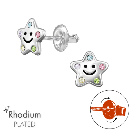 Reducere pana la 50% - Cercei Copii Argint 925 Placat cu Rodiu, Model LOCK Steluță cu Pietre Smiley