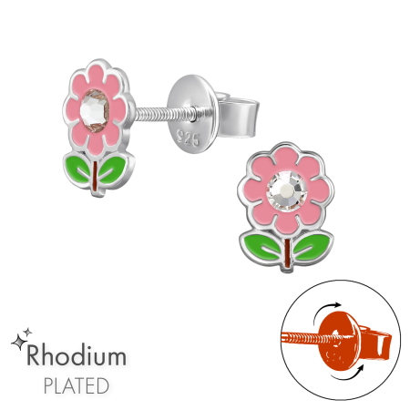 Bijuterii copii - Cercei Copii Argint 925 Placat cu Rodiu, Model LOCK Floare Colorată