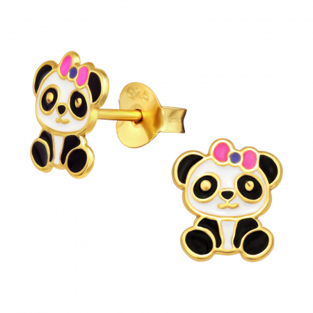Bijuterii copii - Cercei copii ARGINT 925 placat cu AUR 24k cu surub model Panda cu fundita