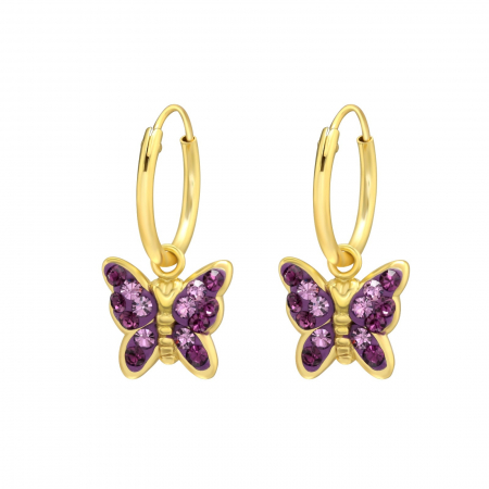Cercei copii clasici (Tortite) - Cercei copii ARGINT 925 placat cu AUR 24k model Fluturas si ametist violet