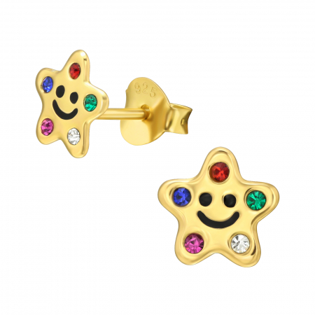 Bijuterii copii - Cercei copii model Stea aurie cu cristale multicolor, argint 925 placat cu aur 24K