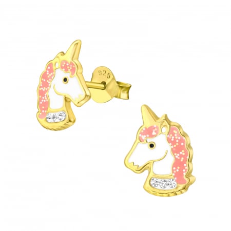 Cercei copii model Unicorn roz , cu surub, argint 925 placat cu aur 24K