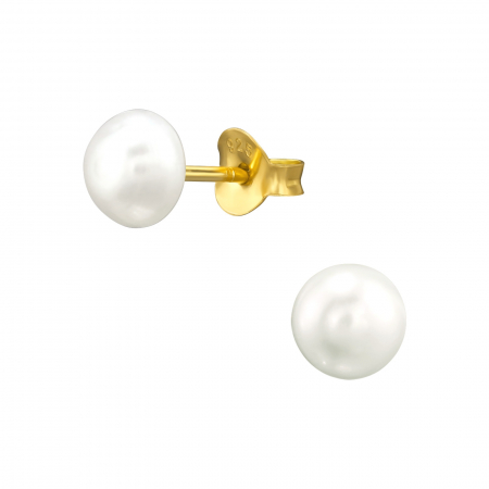 Cercei - Cercei cu surub din argint 925 placat cu aur 24K, cu perle naturale de apă dulce de 6mm