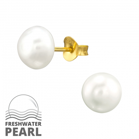 Cercei - Cercei Argint 925 placat cu Aur 24K cu surub si Perla de apa dulce 8 mm