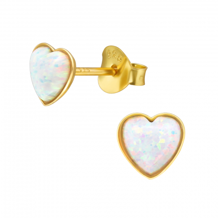 Cercei - Cercei Argint 925 placat cu Aur 24k cu surub model Inima si opal alb strălucitor