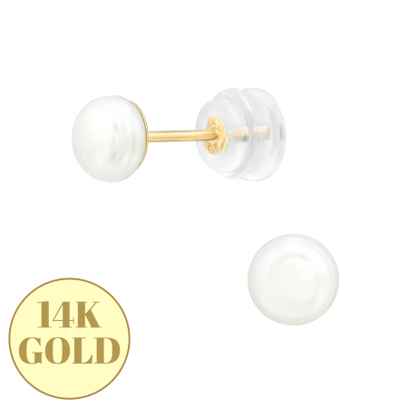 Bijuterii aur - Cercei din aur 14K cu perla de apa 5mm, fluturas cu silicon (anti-intepare)