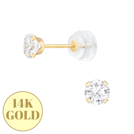 Bijuterii aur - Cercei Fetite Aur 14K, Model Zirconiu 4mm si Protectie Silicon Anti-Intepare