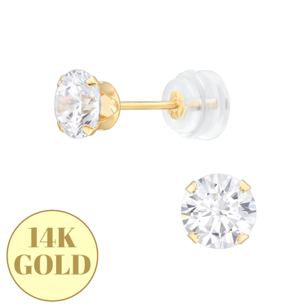 Bijuterii aur - Cercei Fetite Aur 14K, Model Zirconiu 5mm si Protectie Silicon Anti-Intepare