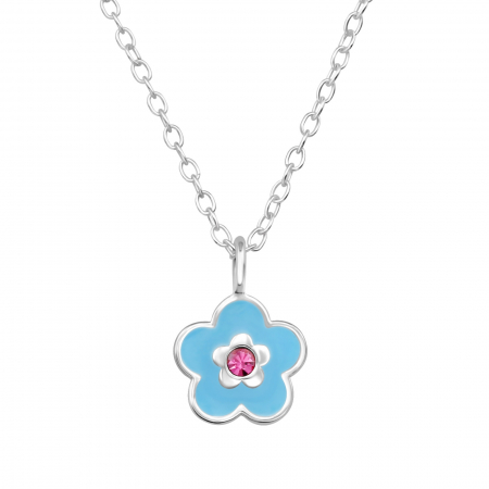 Coliere copii - Colier copii floare albastru pal, argint 925 placat cu argint 999, cristal albastru