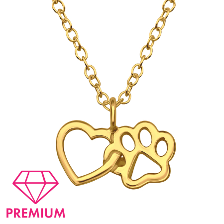 Coliere copii - Colier Copii Argint 925 Placat cu Aur 24K, Model Inima si Labuta Aurie Premium, 39 cm