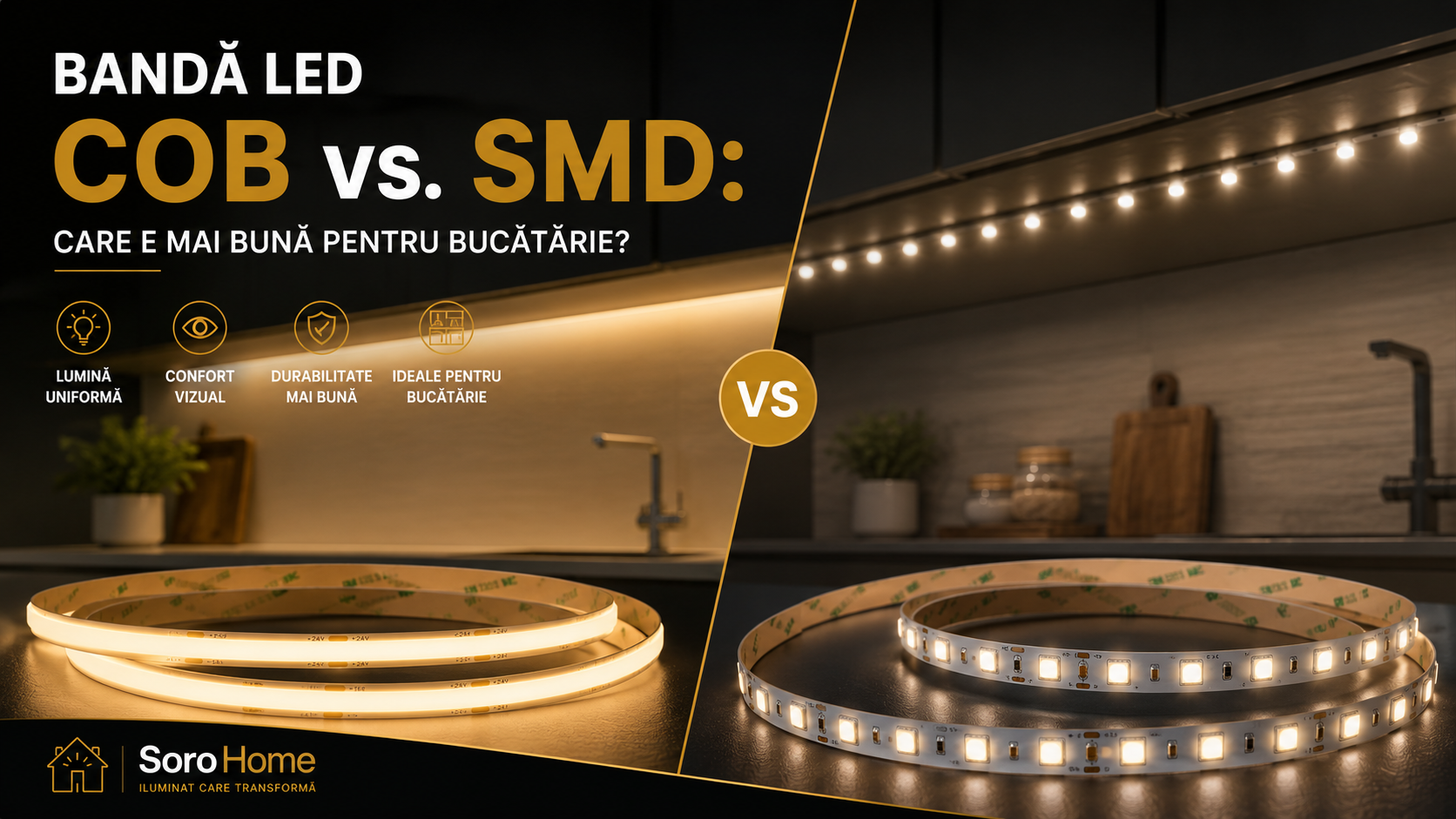 Bandă LED COB vs. SMD: care e mai bună pentru bucătărie