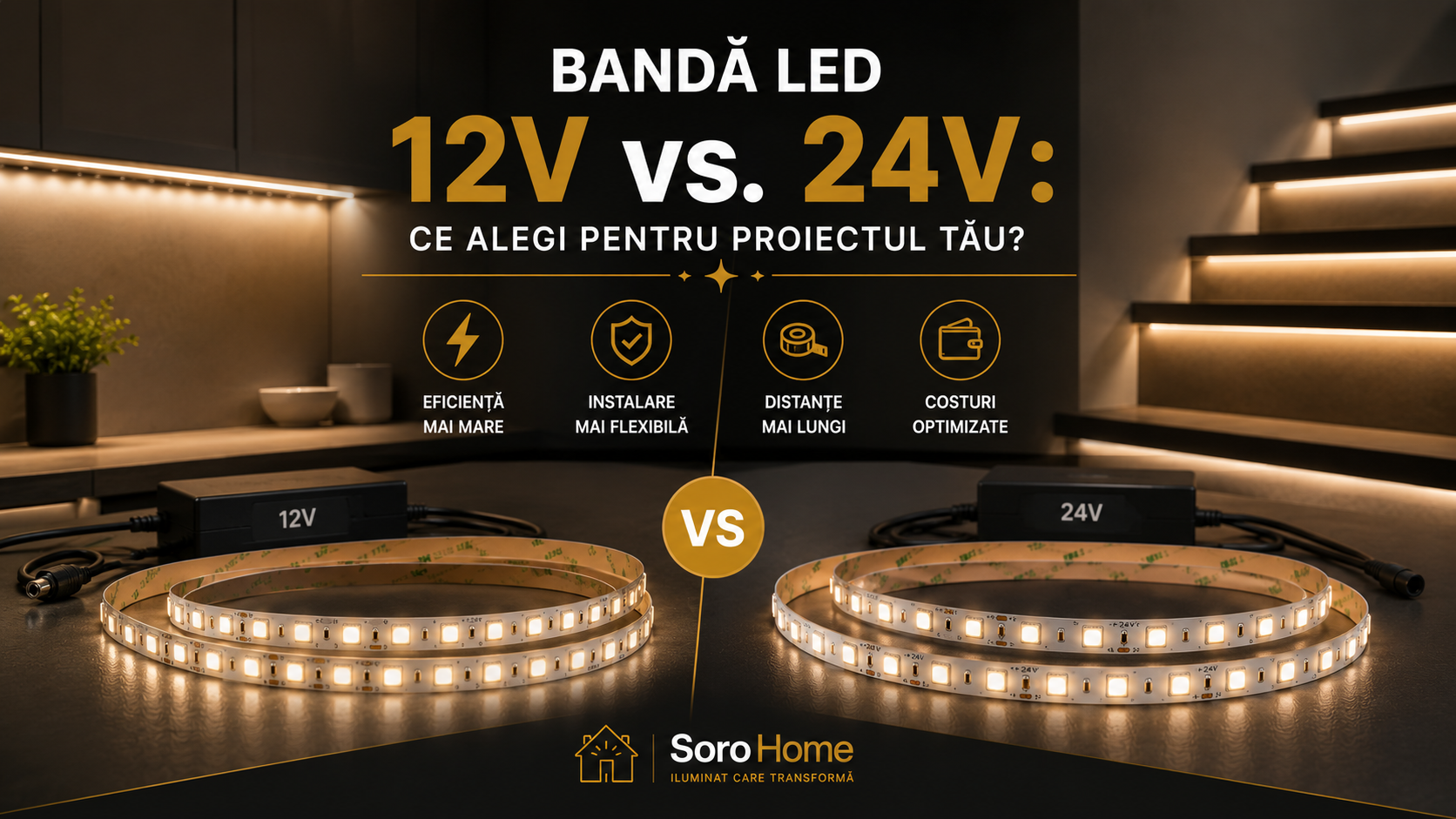 Bandă LED 12V vs. 24V: ce alegi pentru proiectul tău