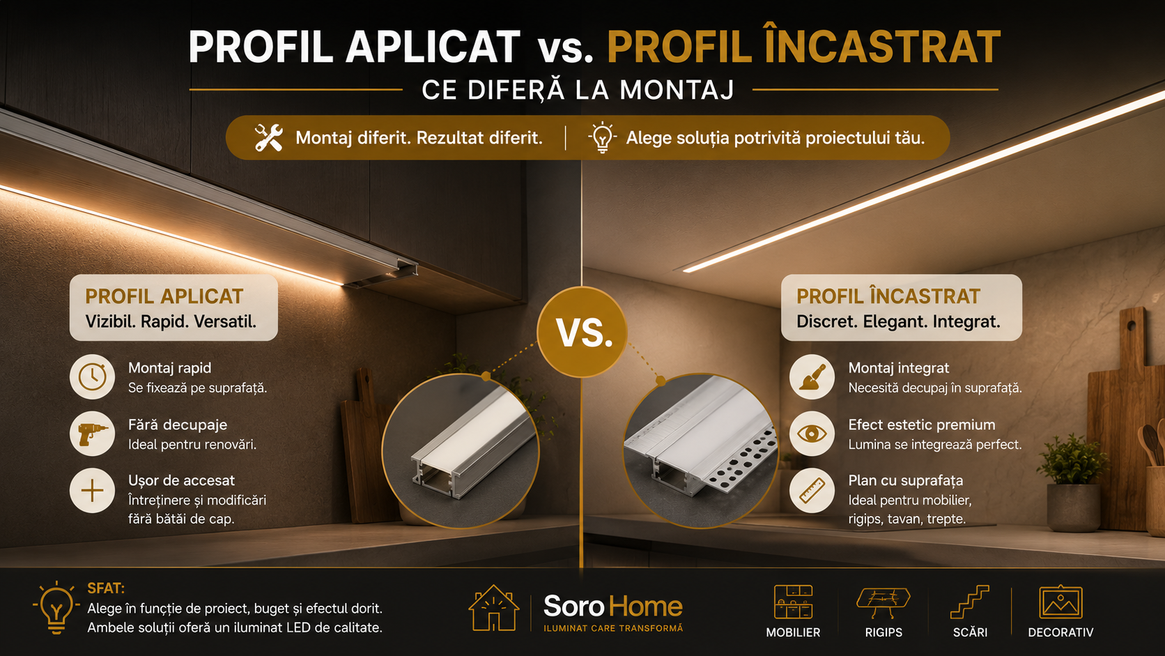 Profil aplicat vs. profil încastrat — ce diferă la montaj