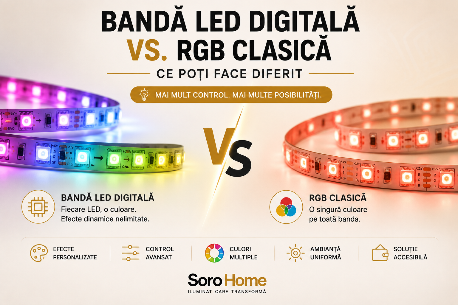 Bandă LED digitală vs. RGB clasică — ce poți face diferit