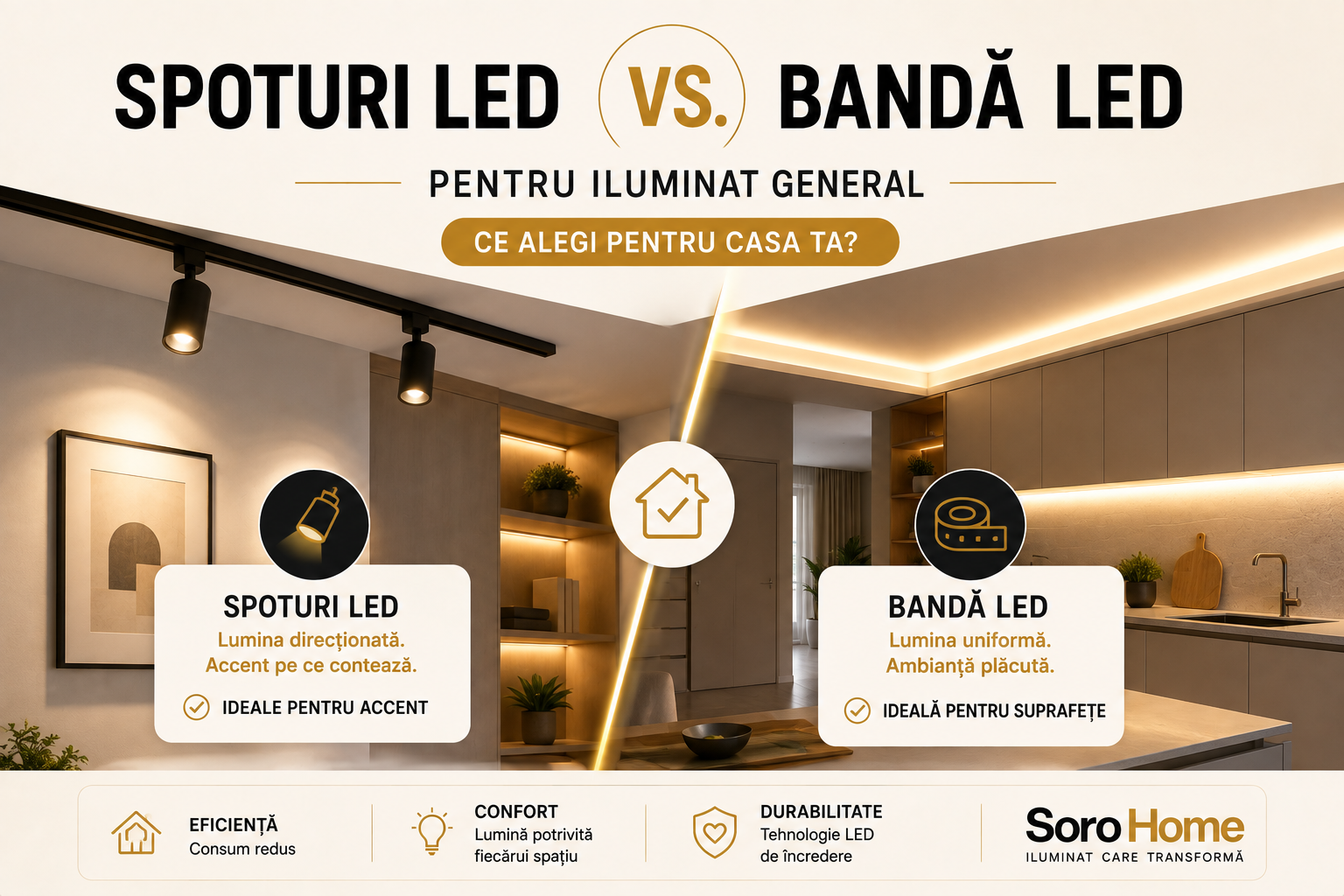 Spoturi LED vs. bandă LED pentru iluminat general — ce alegi
