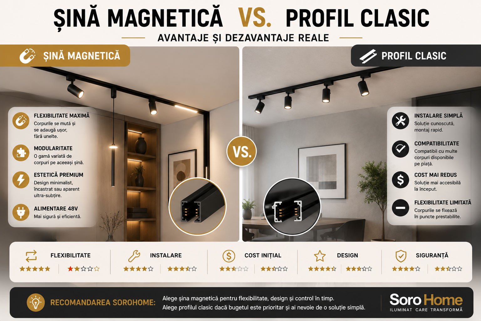 Șină magnetică vs. profil clasic — avantaje și dezavantaje reale