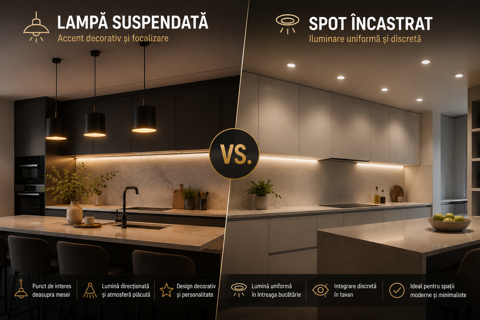 Lampă suspendată vs. spot încastrat pentru bucătărie