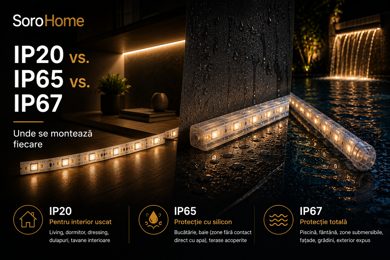 Bandă LED IP20 vs. IP65 vs. IP67 — unde se montează fiecare