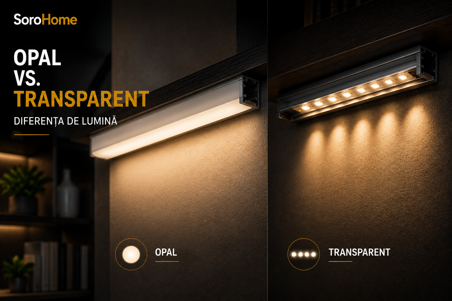 Dispersor opal vs. transparent la profilul LED — diferența de lumină