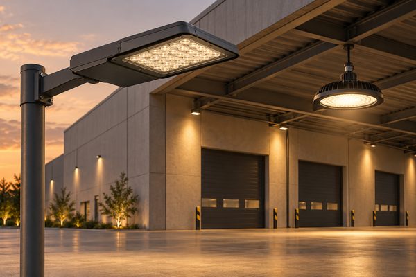 Corp stradal LED și corp de hală la amurg